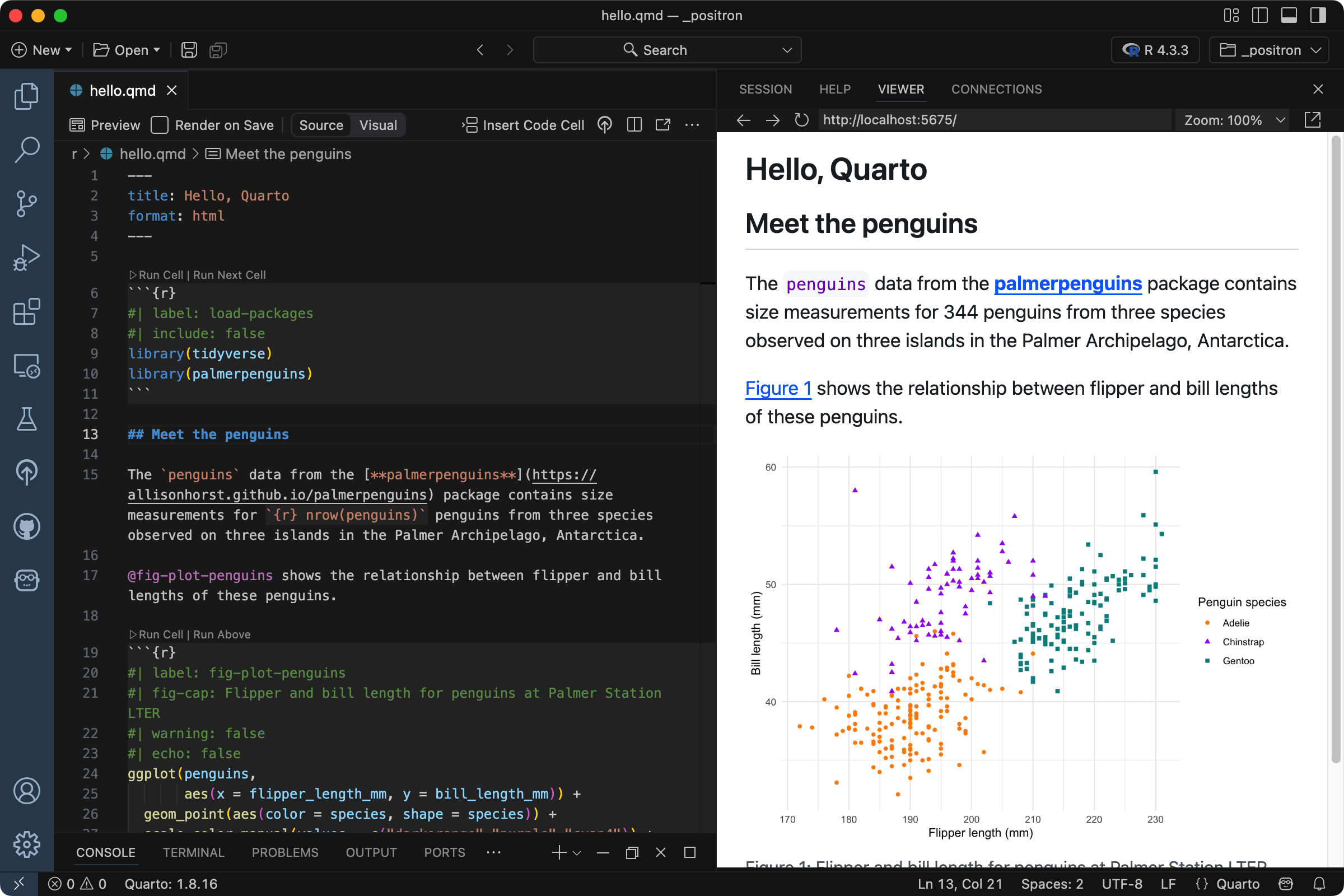 Screen shot of qmd file open in Positron with source markdown shown in Editor pane and a rendered document shown in the Viewer Pane.