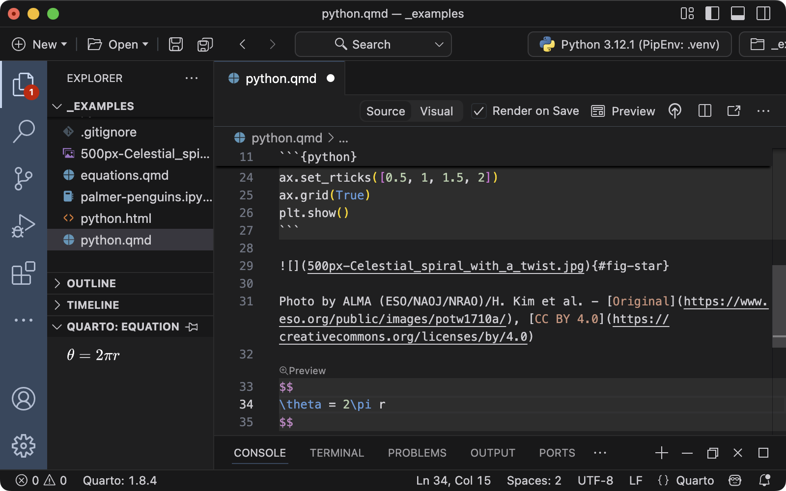 Quarto document open in Positron with a LaTeX equation shown in the 'Quarto Equation' section of the panel to the left of the document.
