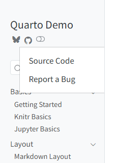 A Quarto sidebar showing the site title with Bluesky and GitHub icons. The GitHub icon is selected and a dropdown menu shows two items: 'Source Code' and 'Report a Bug'. Below are a search box and navigation sections.